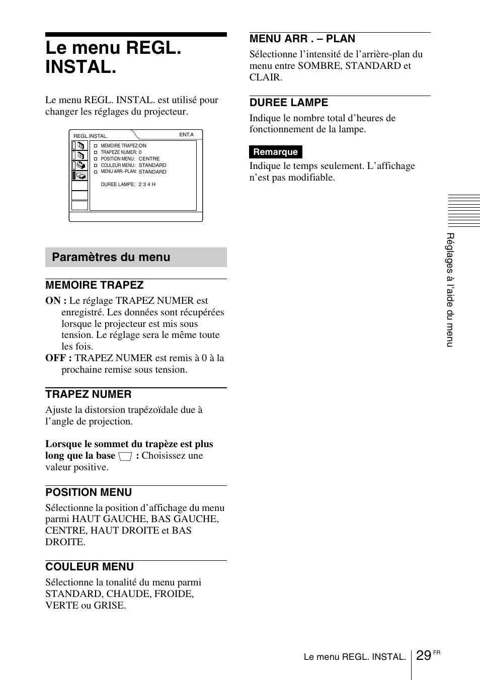 Le menu regl. instal, Paramètres du menu | Sony VPD-MX10 User Manual | Page 71 / 128