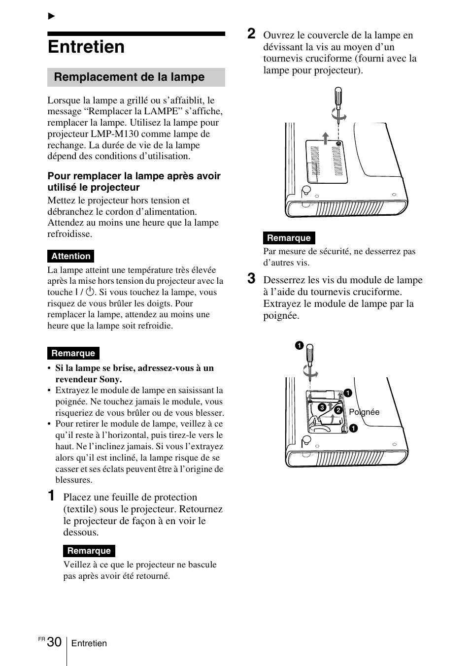 Maintenance, Entretien, Remplacement de la lampe | Sony VPD-MX10 User Manual | Page 72 / 128