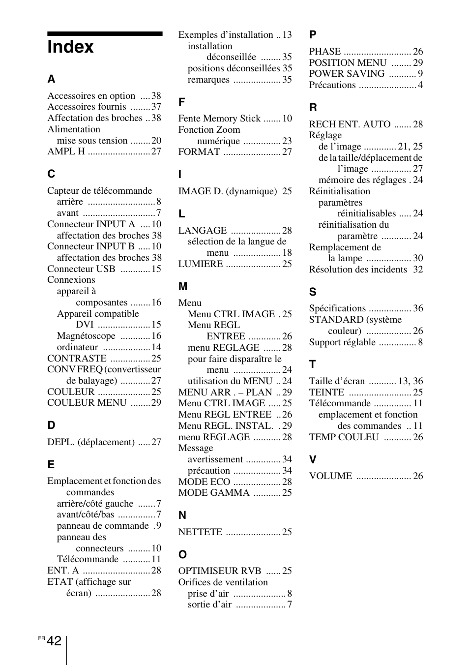 Index | Sony VPD-MX10 User Manual | Page 84 / 128