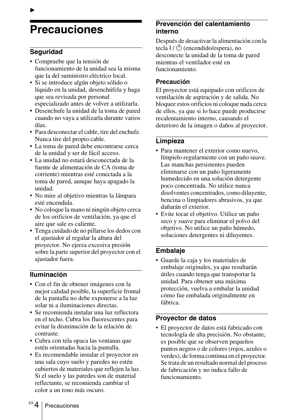 Descripción general, Precauciones | Sony VPD-MX10 User Manual | Page 88 / 128