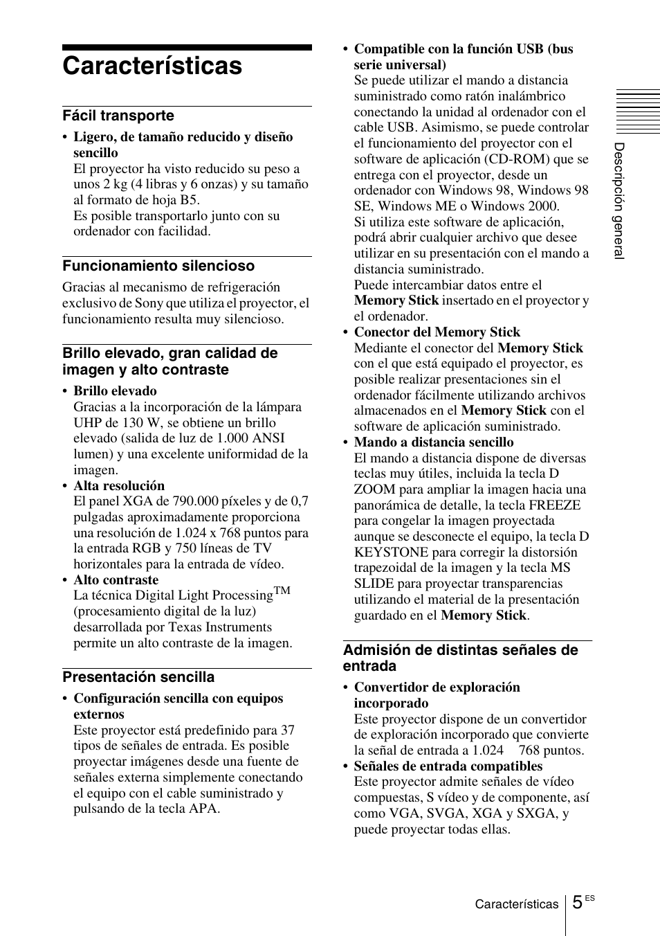 Características | Sony VPD-MX10 User Manual | Page 89 / 128