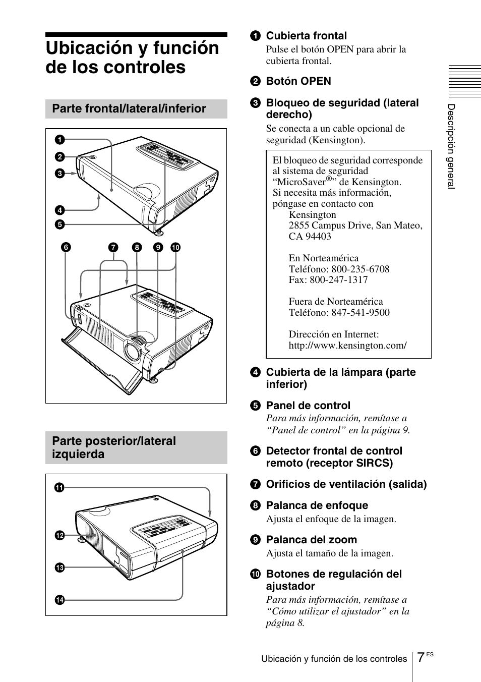 Ubicación y función de los controles, Parte frontal/lateral/inferior, Parte posterior/lateral izquierda | Ubicación y función de los controles 7 | Sony VPD-MX10 User Manual | Page 91 / 128