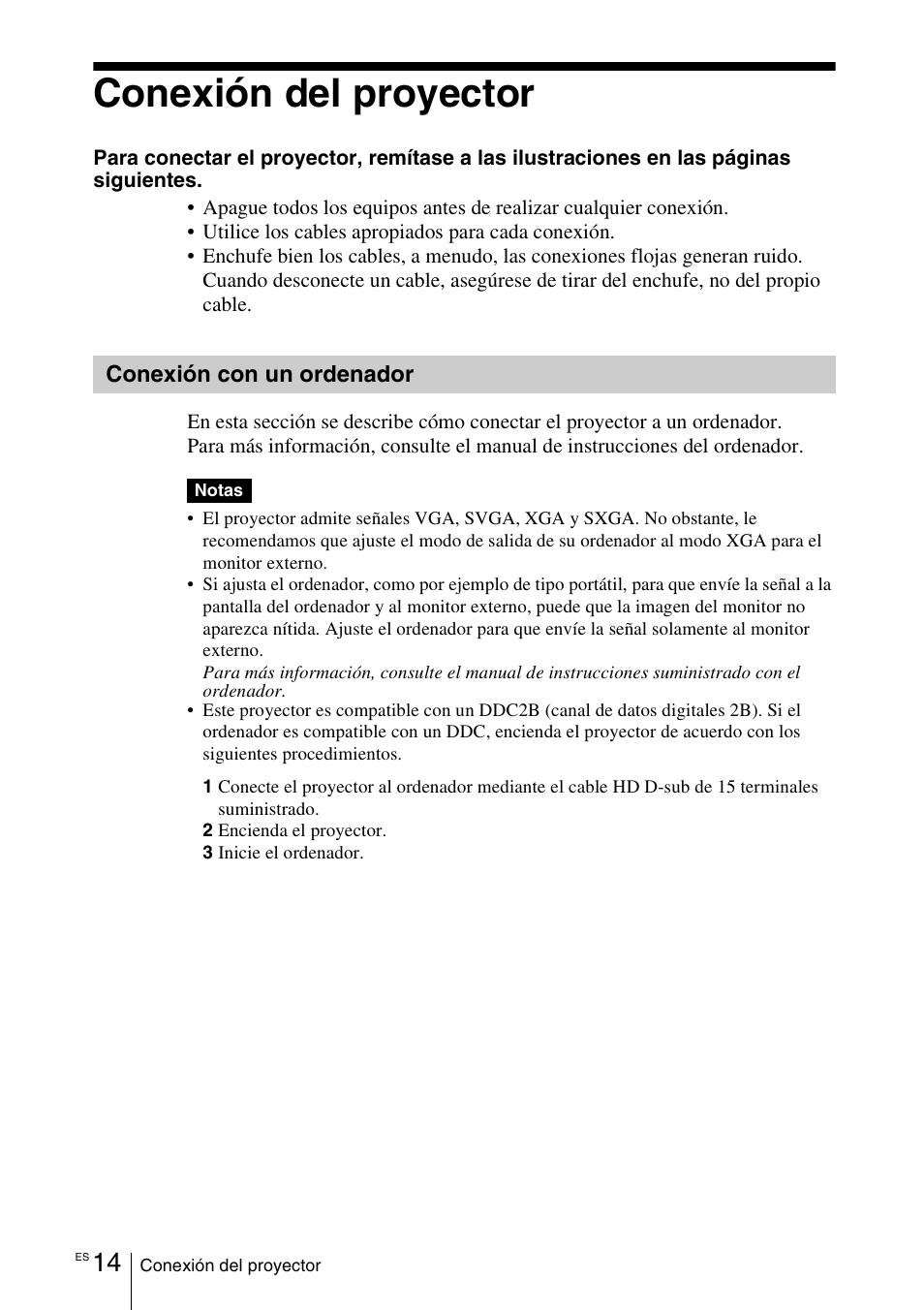 Conexión del proyector, Conexión con un ordenador | Sony VPD-MX10 User Manual | Page 98 / 128