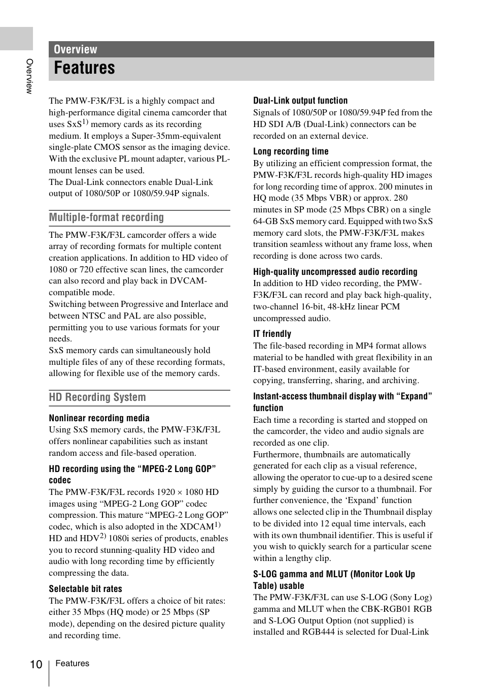 Overview, Features | Sony PMW-F3K User Manual | Page 10 / 164