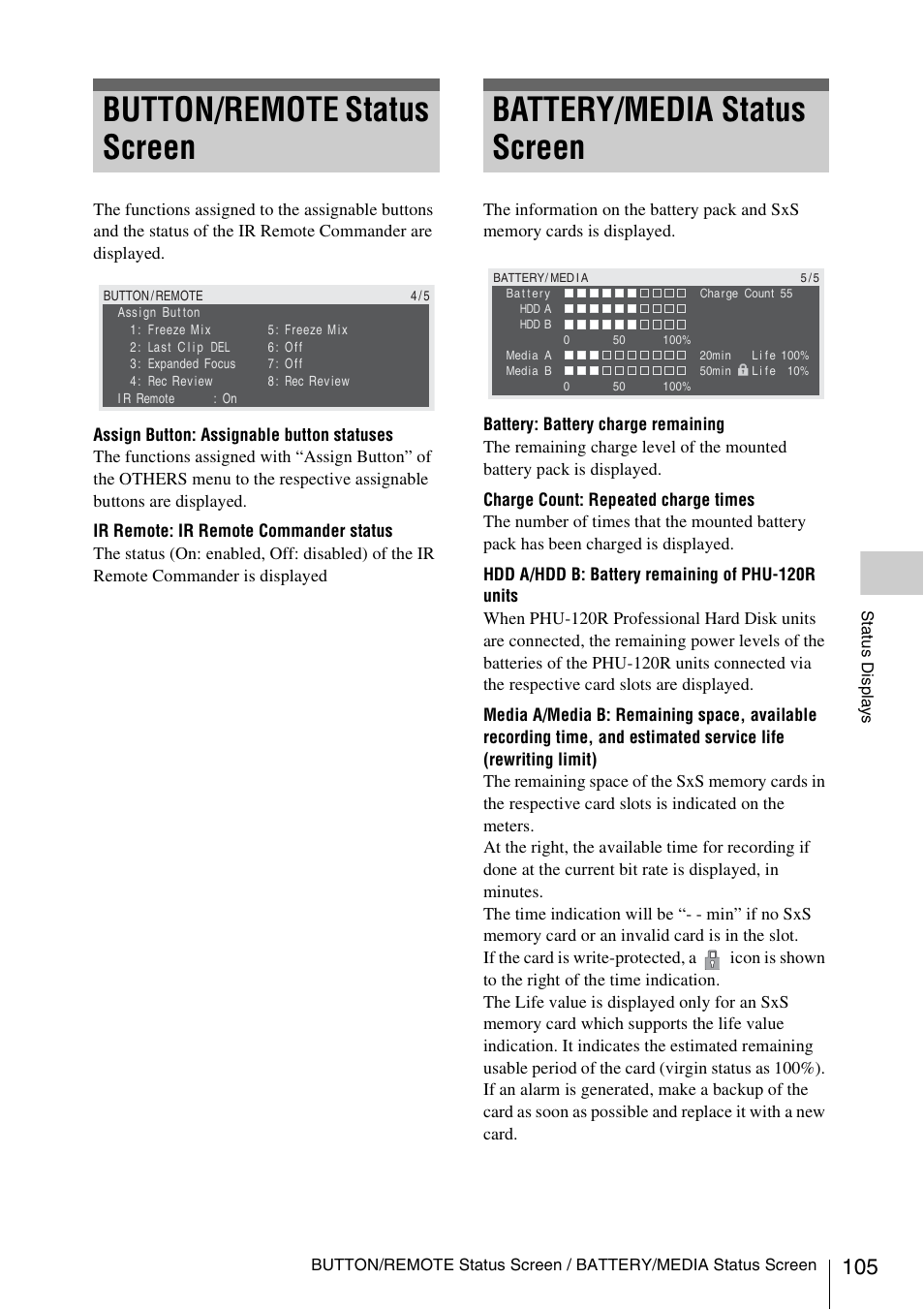 Button/remote status screen, Battery/media status screen | Sony PMW-F3K User Manual | Page 105 / 164