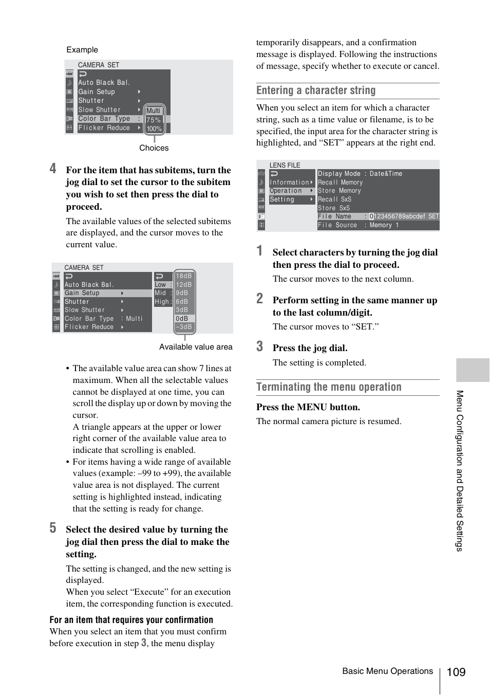 Entering a character string, Terminating the menu operation, Press the jog dial | Press the menu button | Sony PMW-F3K User Manual | Page 109 / 164