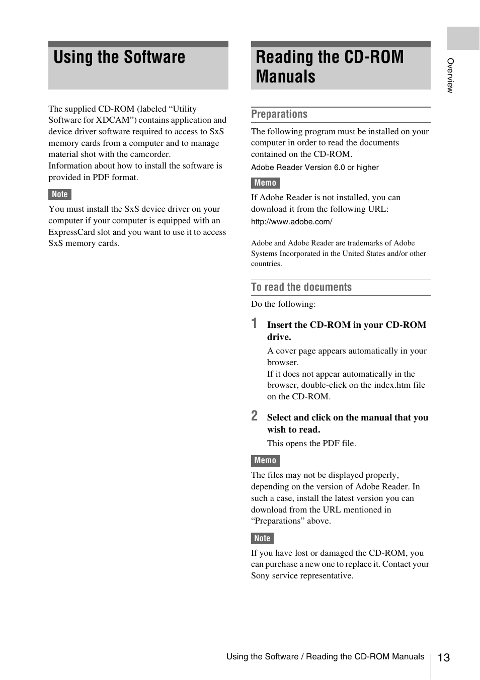 Using the software, Reading the cd-rom manuals, Using the software reading the cd-rom manuals | Sony PMW-F3K User Manual | Page 13 / 164