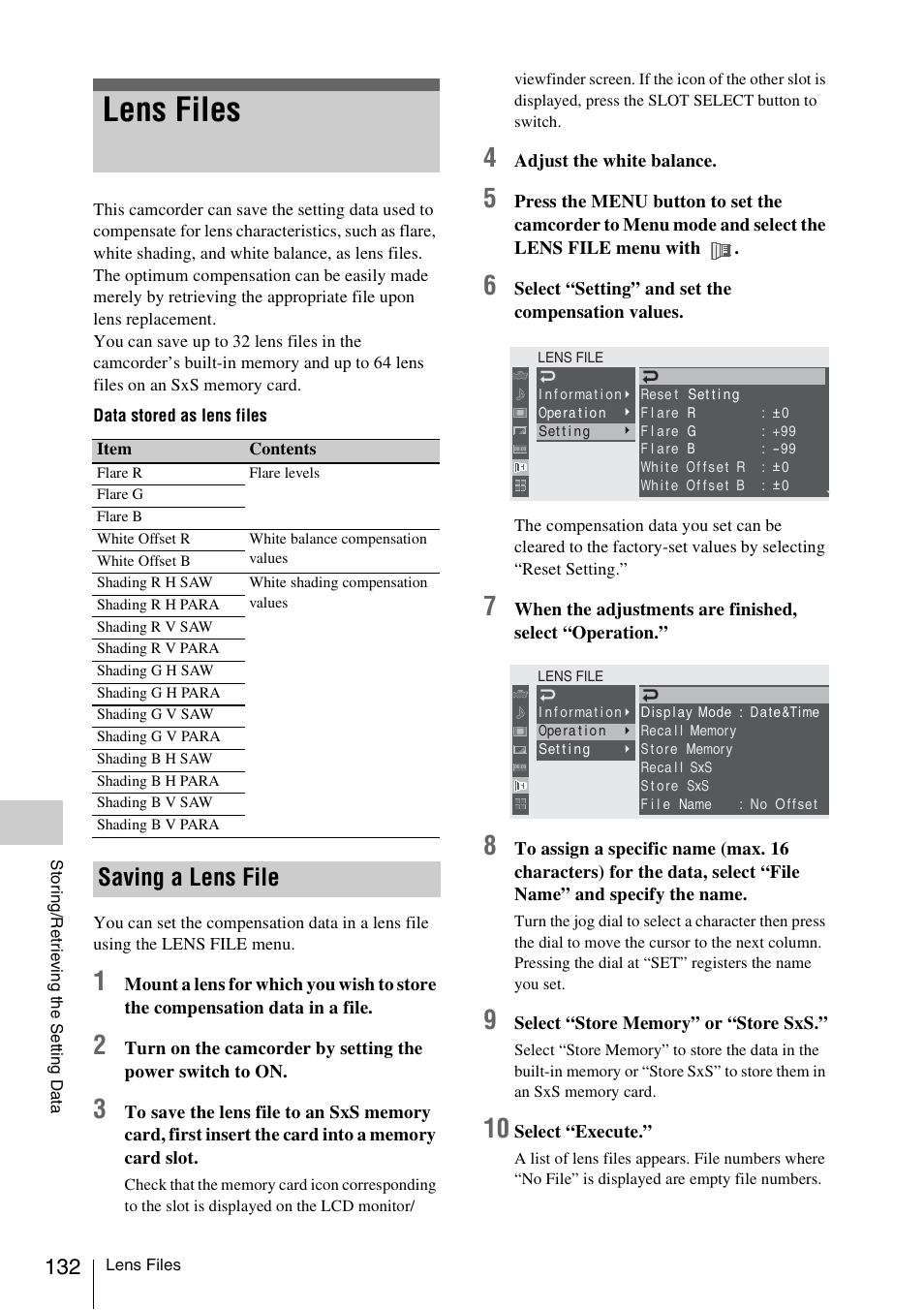 Lens files, Saving a lens file | Sony PMW-F3K User Manual | Page 132 / 164