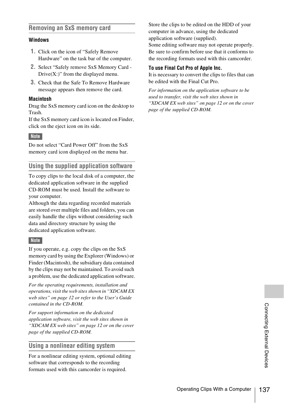 Using the supplied application software, Using a nonlinear editing system | Sony PMW-F3K User Manual | Page 137 / 164