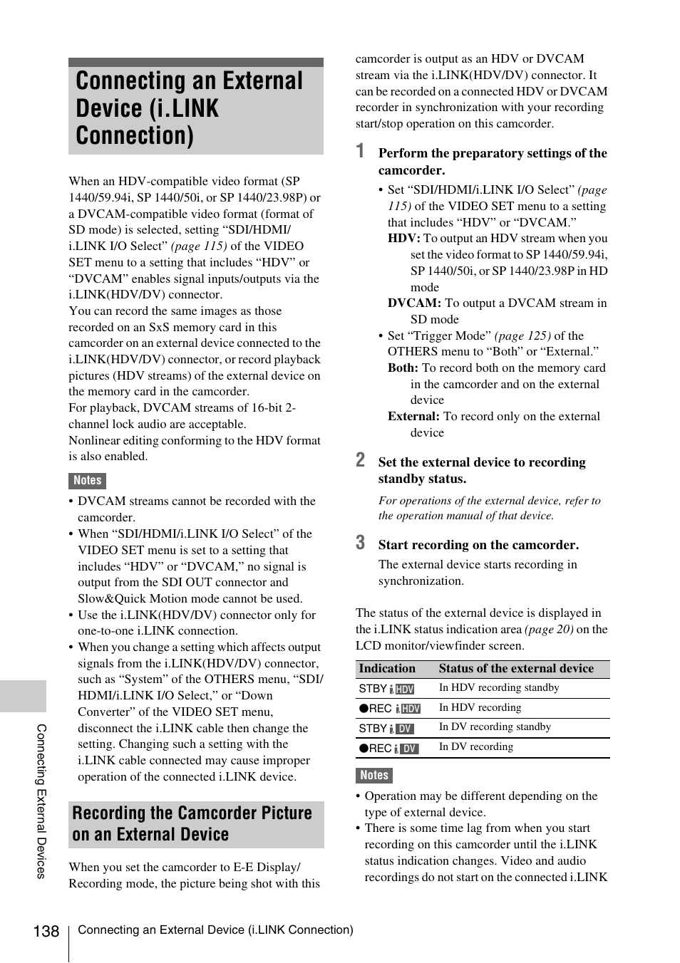 Connecting an external device (i.link connection), Recording the camcorder picture on an external, Device | Sony PMW-F3K User Manual | Page 138 / 164
