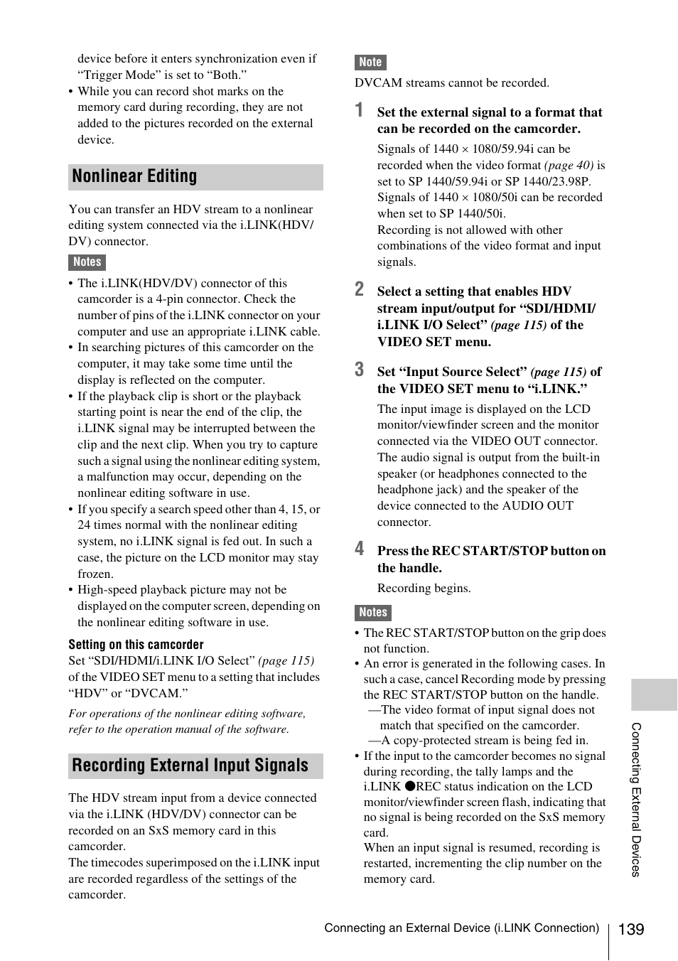 Nonlinear editing, Recording external input signals, Nonlinear editing recording external input signals | Sony PMW-F3K User Manual | Page 139 / 164