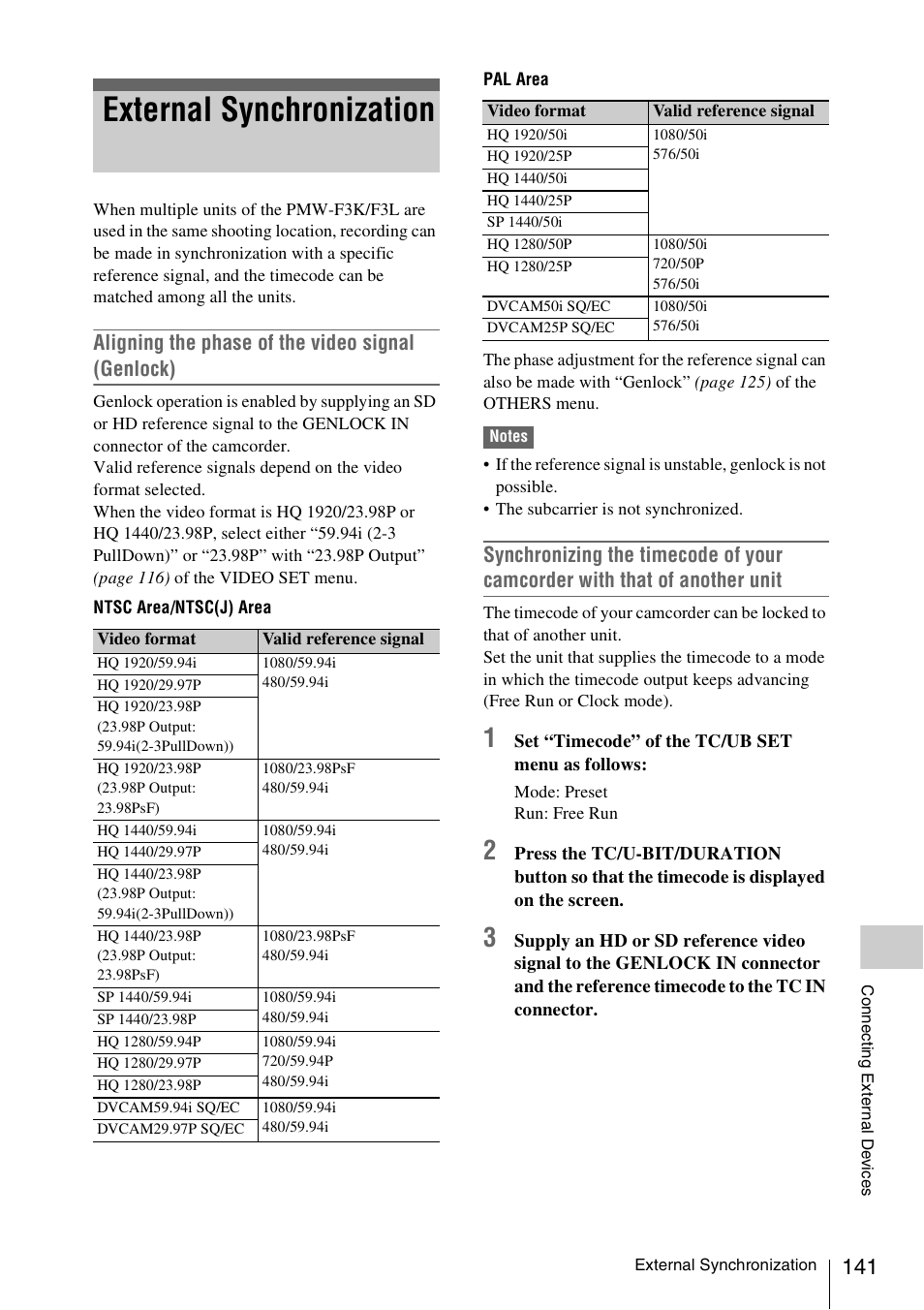 External synchronization, Aligning the phase of the video signal (genlock) | Sony PMW-F3K User Manual | Page 141 / 164