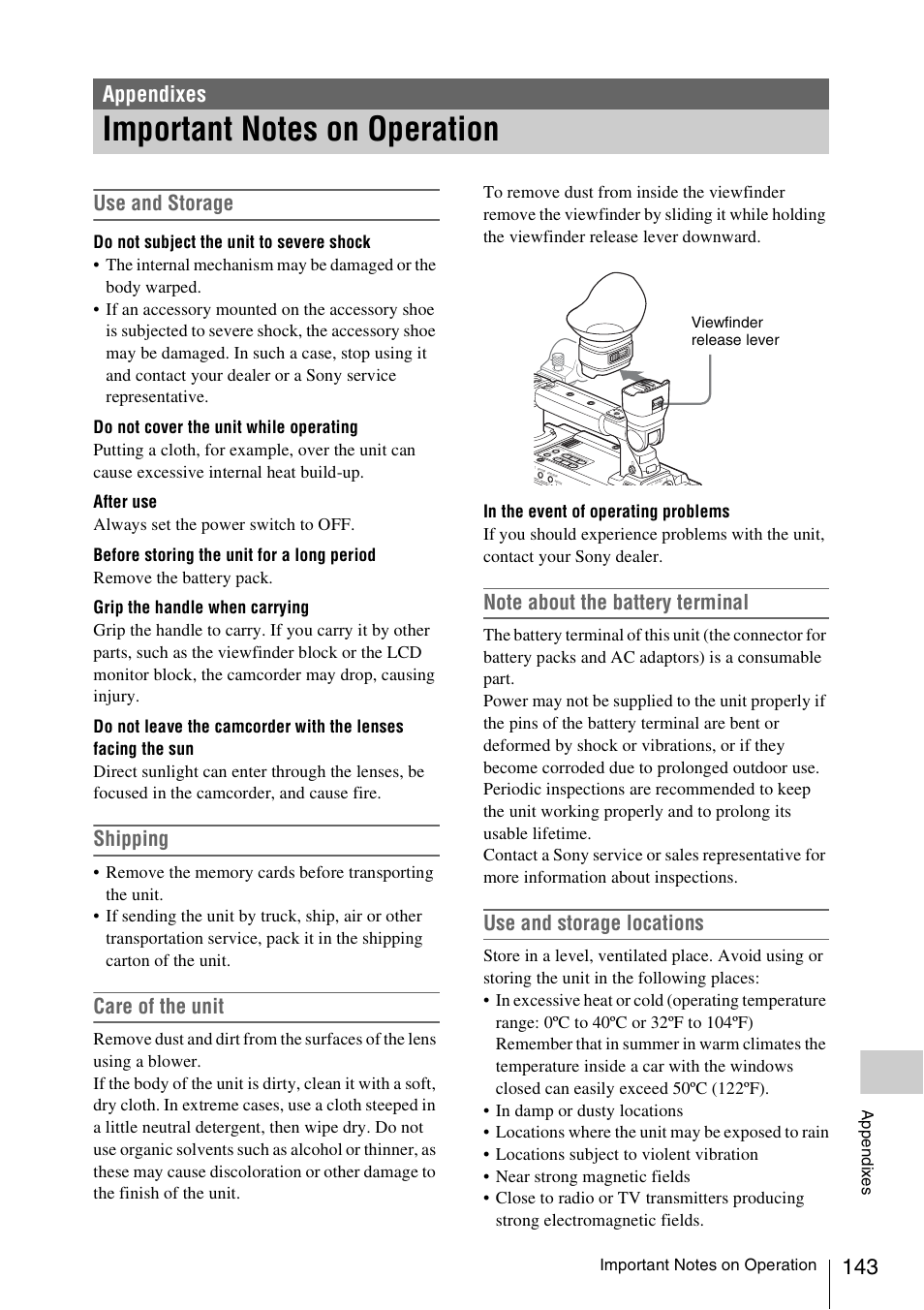 Appendixes, Important notes on operation, Use and storage | Shipping, Care of the unit, Use and storage locations, Ap pen dix e s, Viewfinder release lever | Sony PMW-F3K User Manual | Page 143 / 164