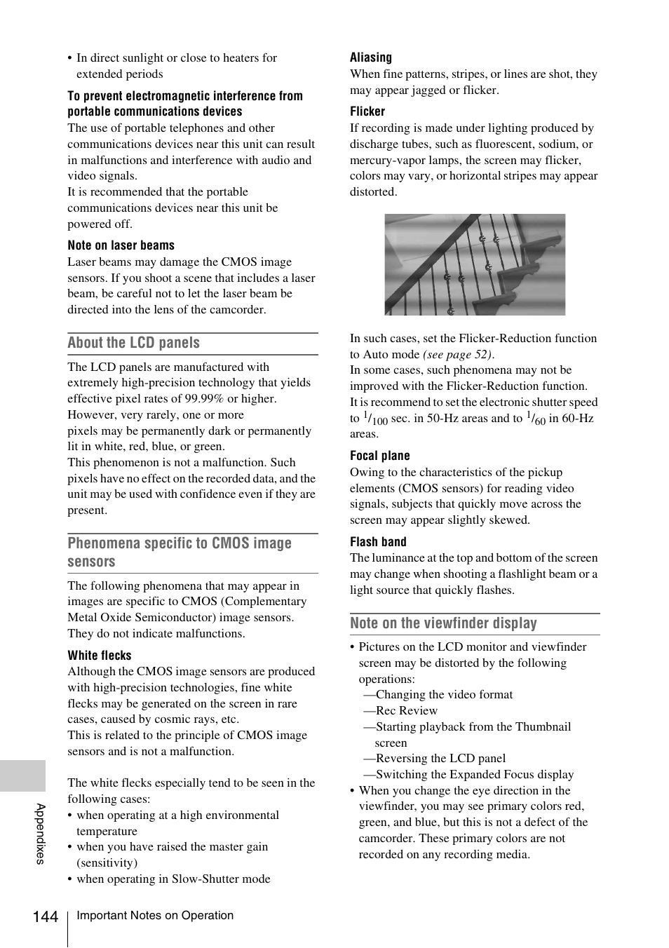 About the lcd panels, Phenomena specific to cmos image sensors | Sony PMW-F3K User Manual | Page 144 / 164