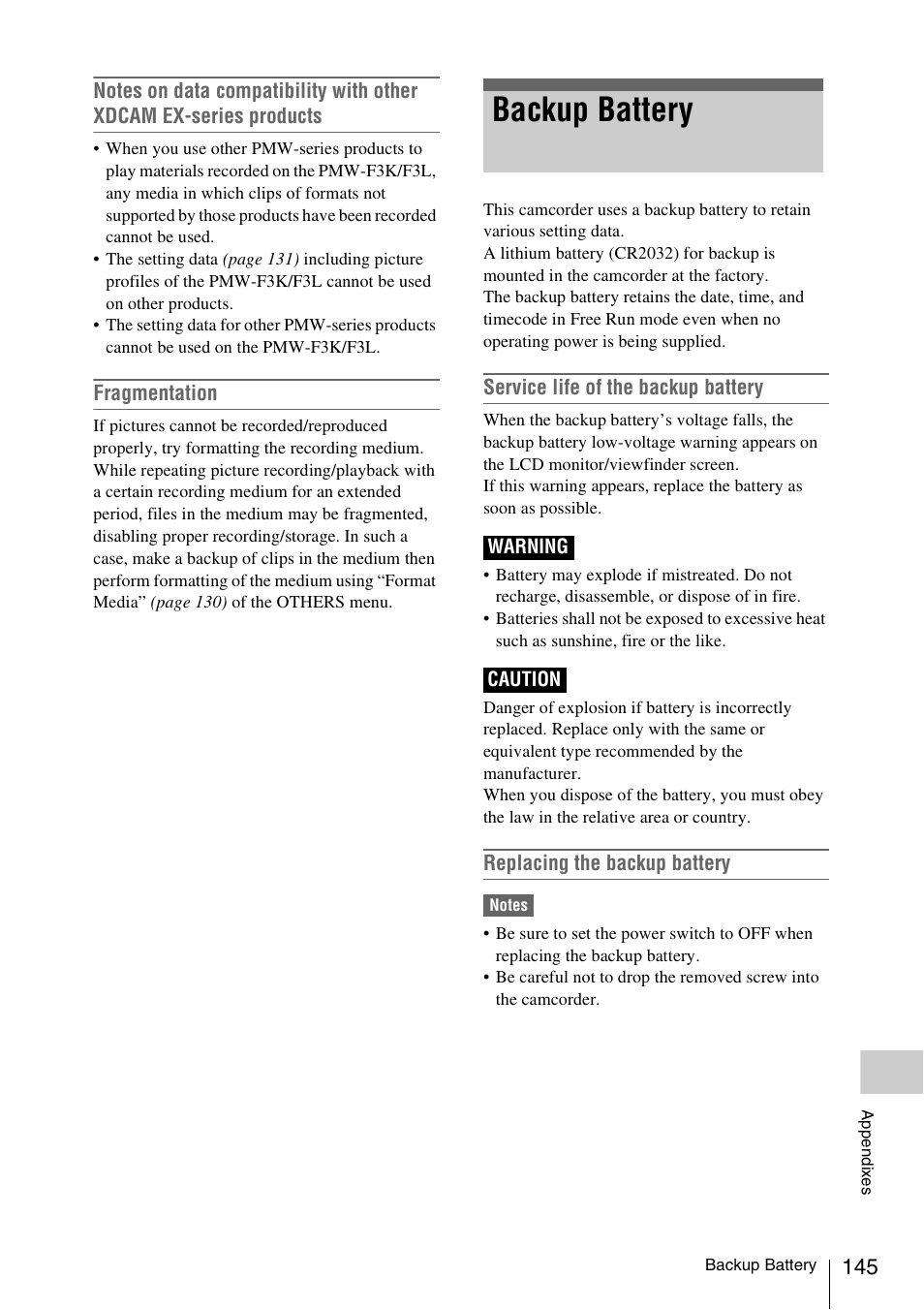 Backup battery | Sony PMW-F3K User Manual | Page 145 / 164