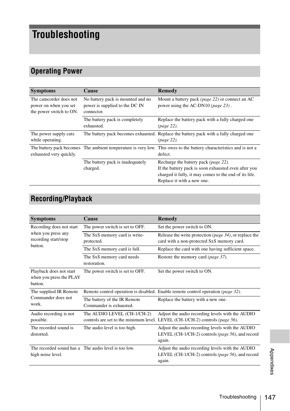 Troubleshooting, Operating power, Recording/playback | Operating power recording/playback | Sony PMW-F3K User Manual | Page 147 / 164