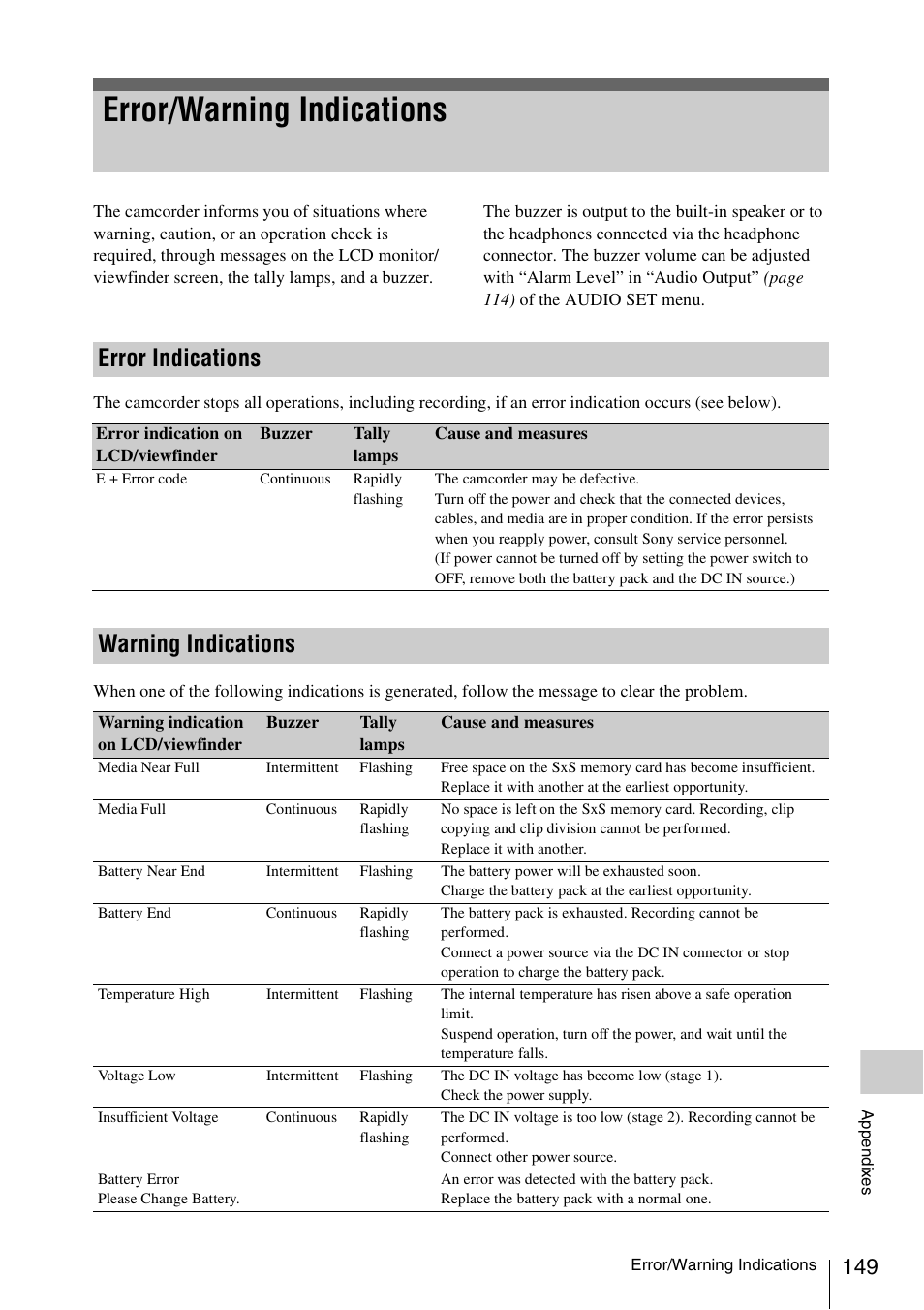 Error/warning indications, Error indications, Warning indications | Error indications warning indications | Sony PMW-F3K User Manual | Page 149 / 164