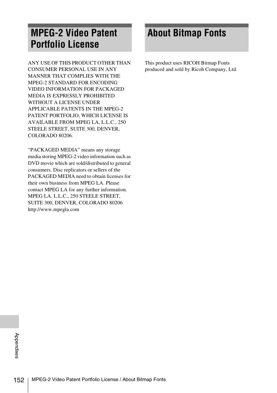 Mpeg-2 video patent portfolio license, About bitmap fonts | Sony PMW-F3K User Manual | Page 152 / 164