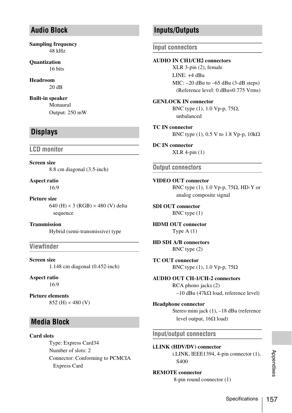 Audio block, Displays, Media block | Inputs/outputs, Audio block displays media block inputs/outputs | Sony PMW-F3K User Manual | Page 157 / 164