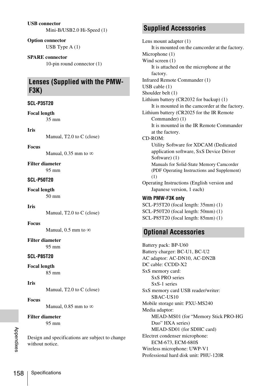 Lenses (supplied with the pmw-f3k), Supplied accessories, Optional accessories | Sony PMW-F3K User Manual | Page 158 / 164