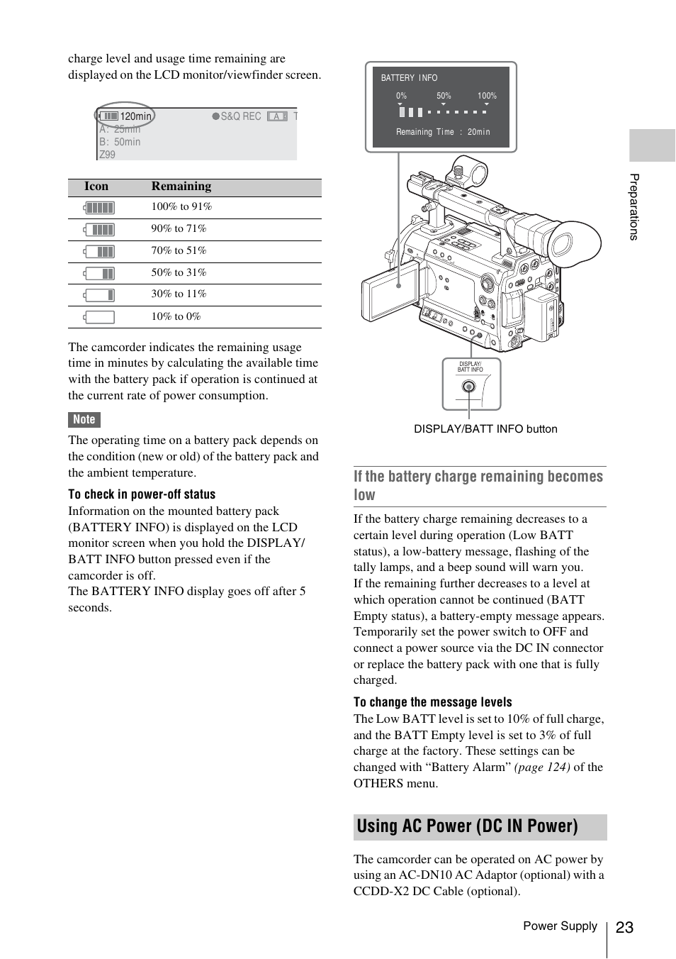 Using ac power (dc in power), If the battery charge remaining becomes low | Sony PMW-F3K User Manual | Page 23 / 164