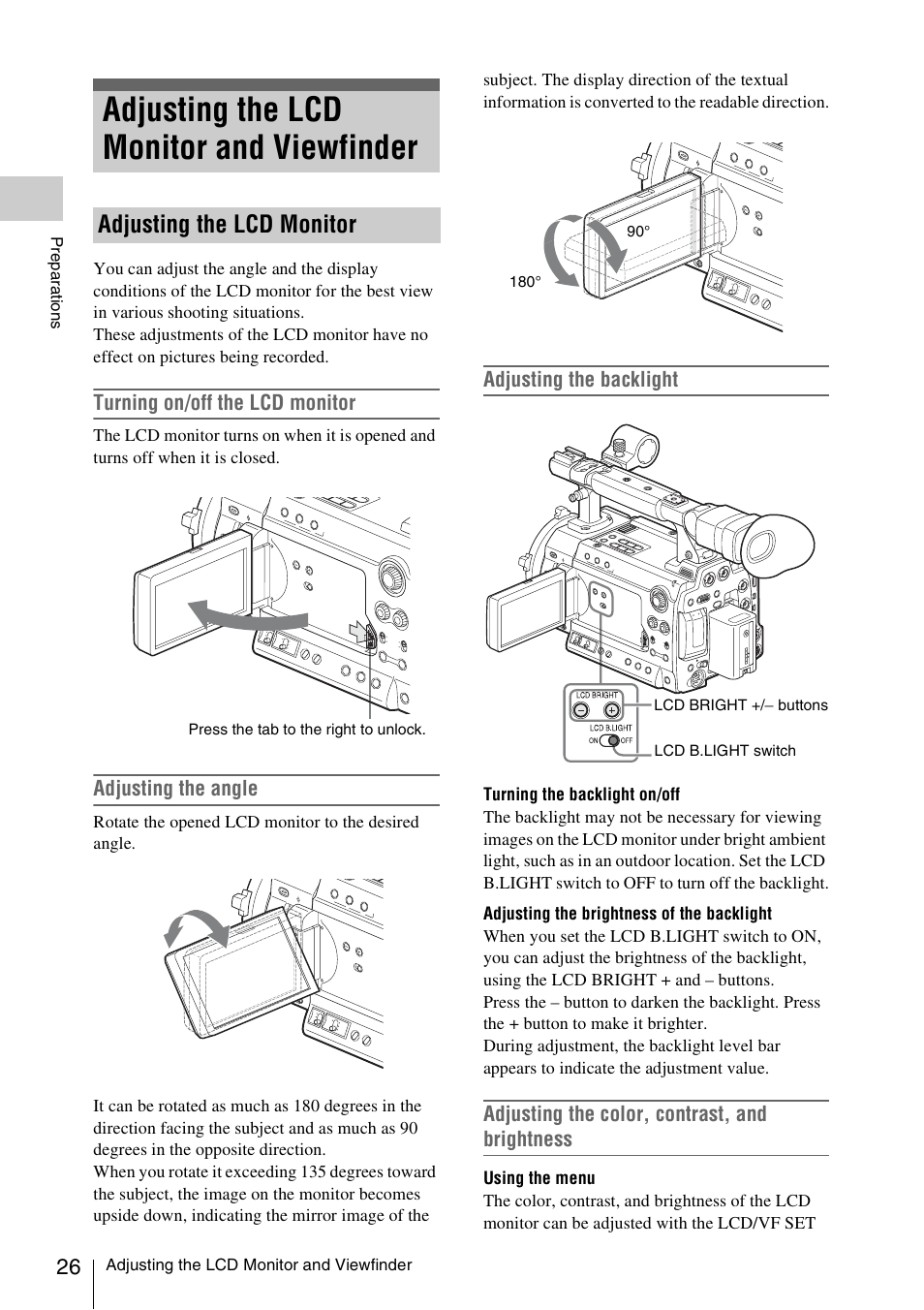 Adjusting the lcd monitor and viewfinder, Adjusting the lcd monitor | Sony PMW-F3K User Manual | Page 26 / 164