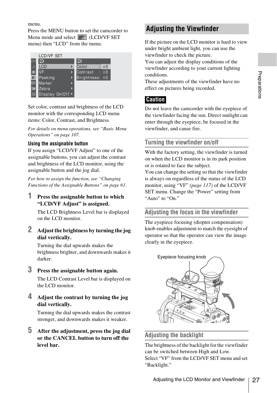 Adjusting the viewfinder, Turning the viewfinder on/off, Adjusting the focus in the viewfinder | Adjusting the backlight | Sony PMW-F3K User Manual | Page 27 / 164