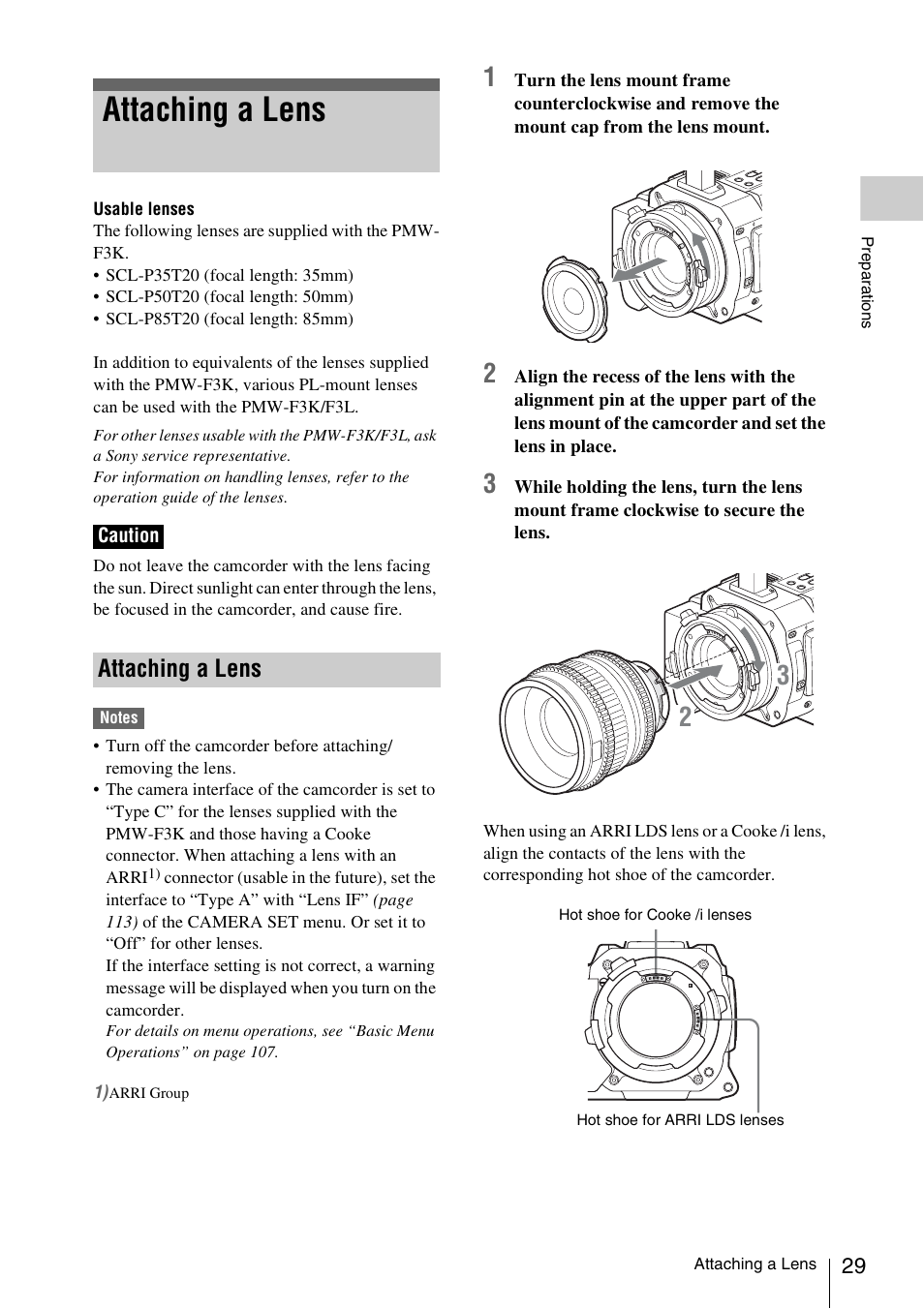 Attaching a lens | Sony PMW-F3K User Manual | Page 29 / 164