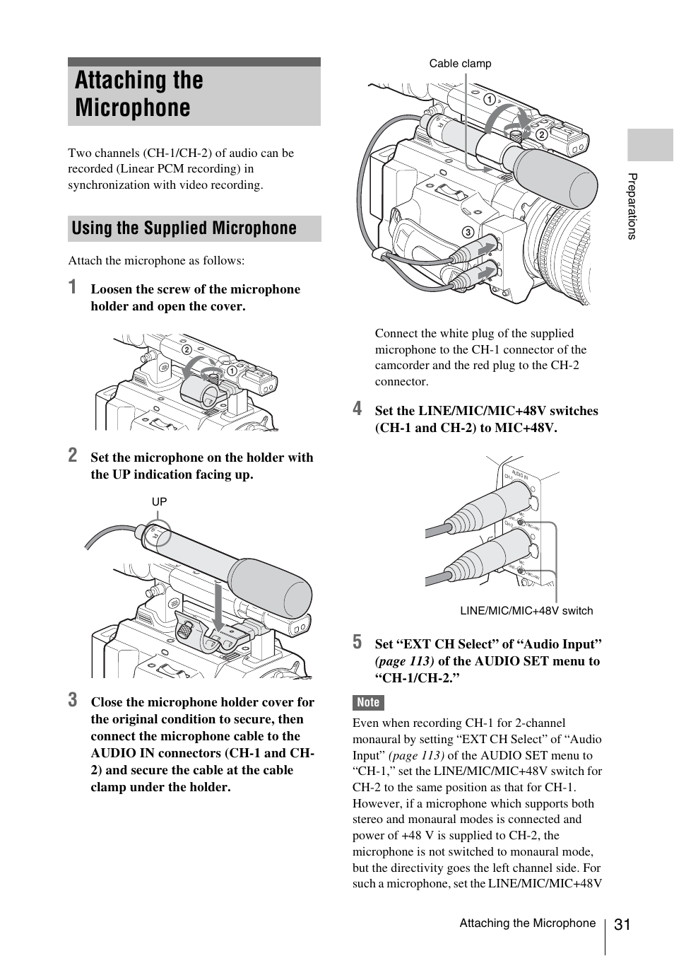 Attaching the microphone, Using the supplied microphone, Prepa ra ti ons | Sony PMW-F3K User Manual | Page 31 / 164