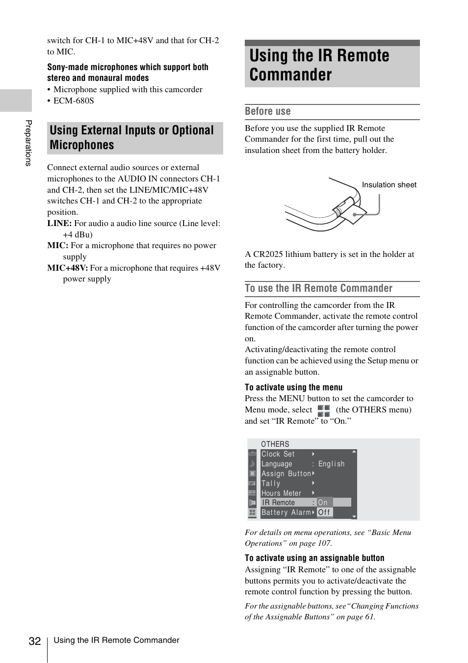 Using external inputs or optional microphones, Using the ir remote commander, Before use | Sony PMW-F3K User Manual | Page 32 / 164