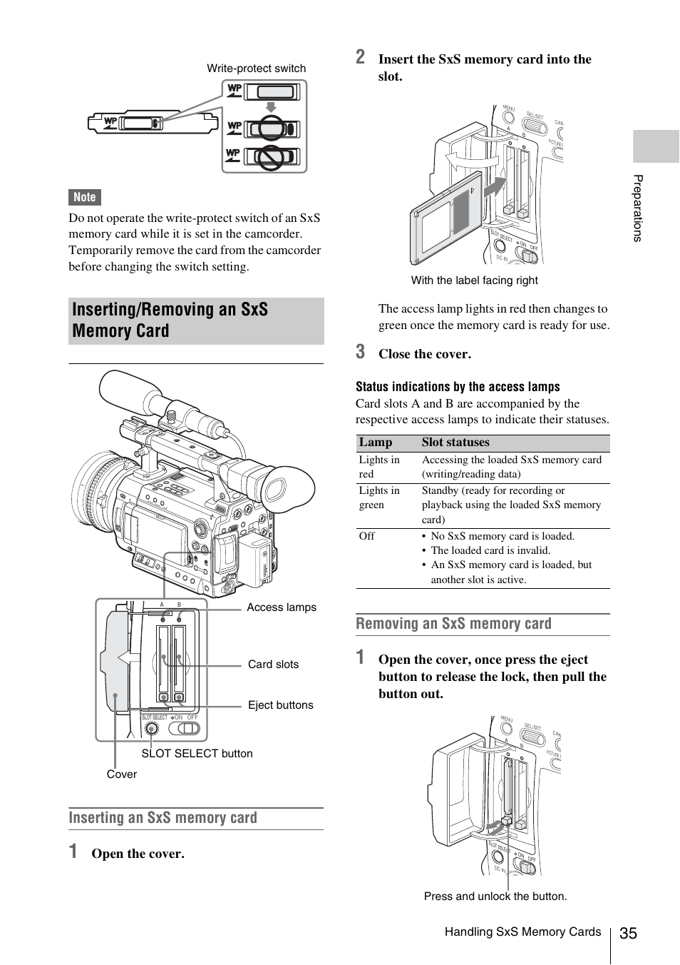 Inserting/removing an sxs memory card, Open the cover, Close the cover | Lamp slot statuses | Sony PMW-F3K User Manual | Page 35 / 164