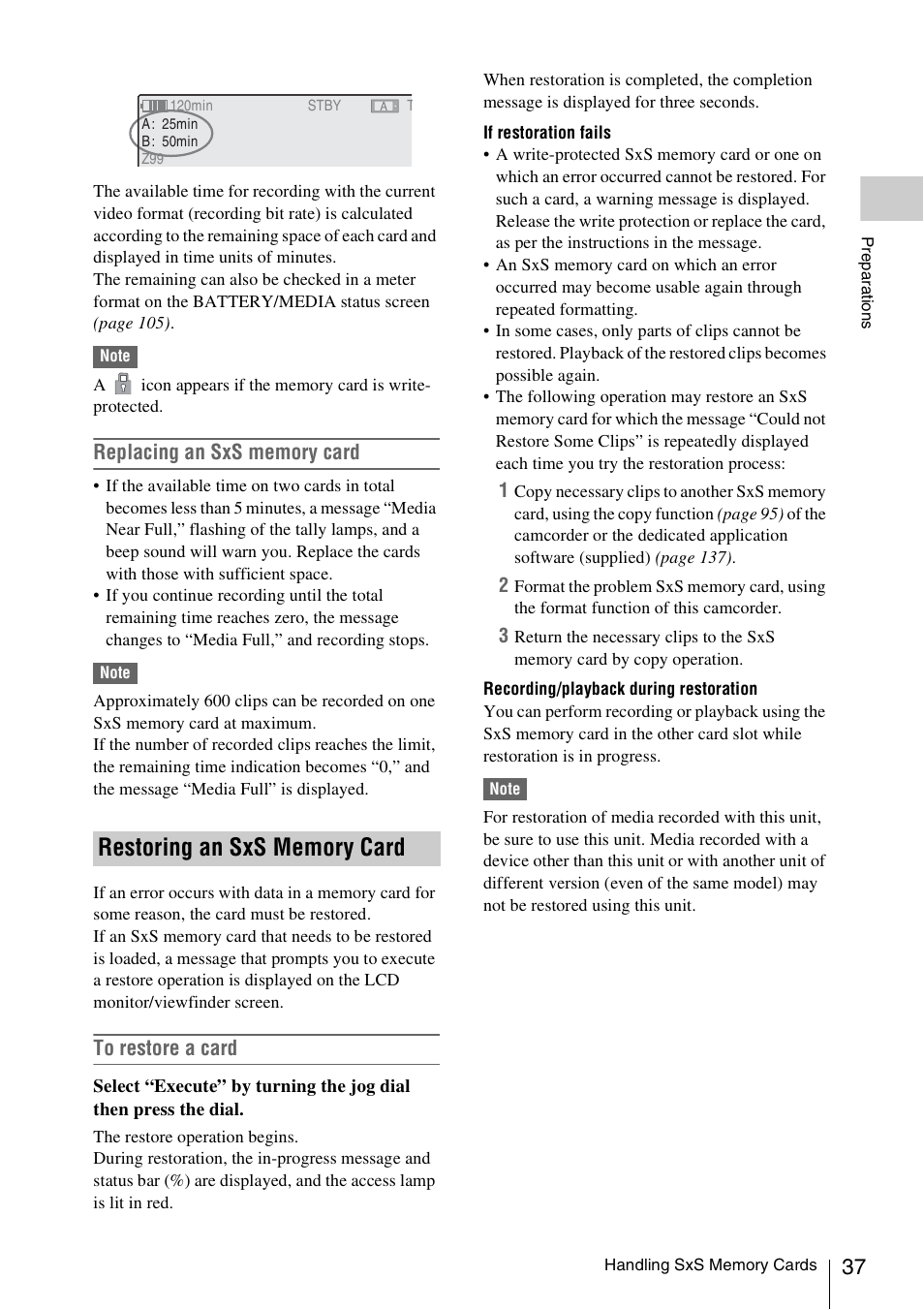 Restoring an sxs memory card | Sony PMW-F3K User Manual | Page 37 / 164