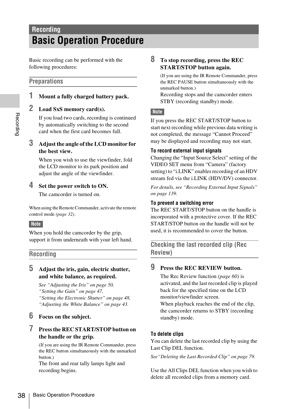 Recording, Basic operation procedure | Sony PMW-F3K User Manual | Page 38 / 164