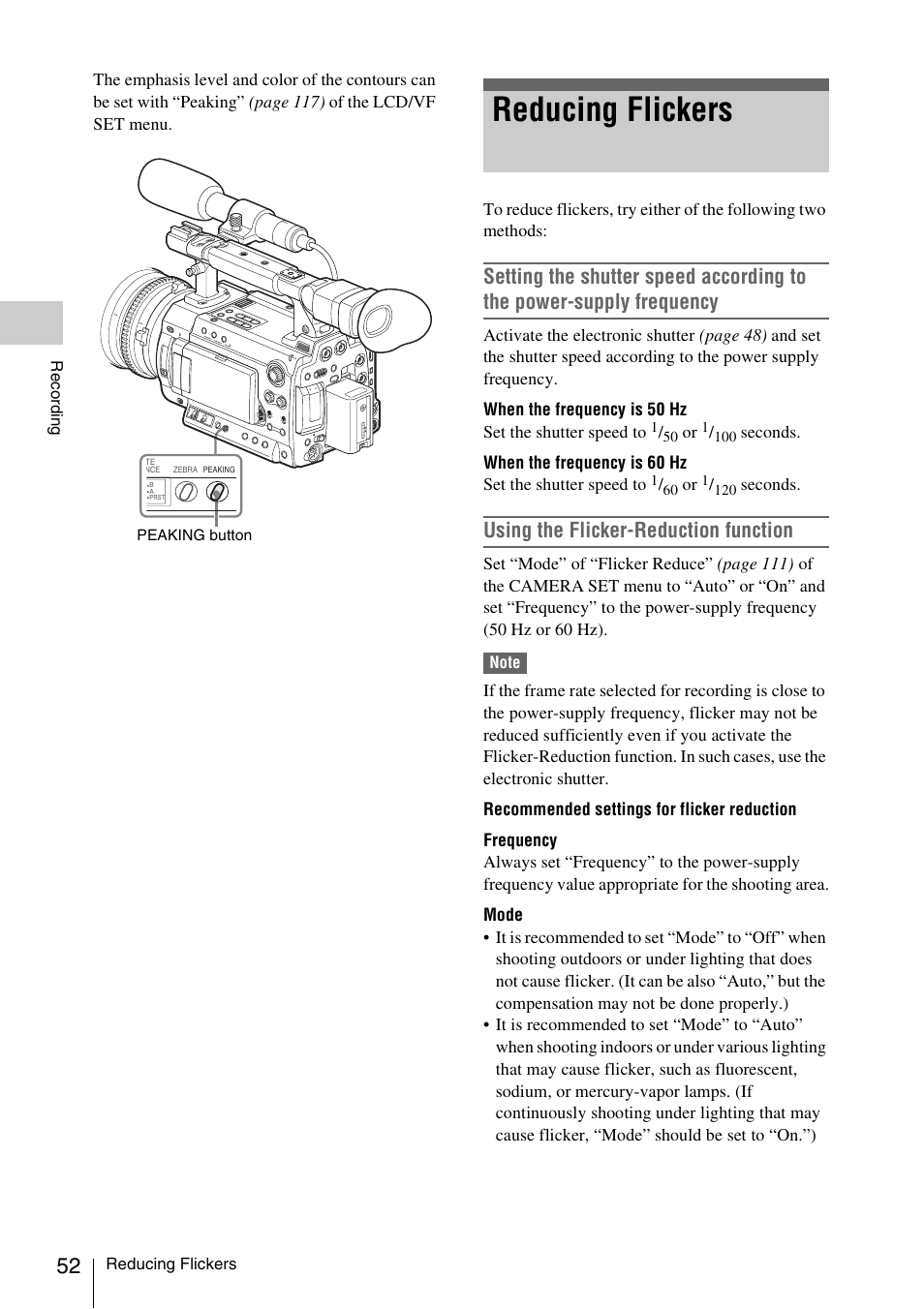 Reducing flickers, Using the flicker-reduction function | Sony PMW-F3K User Manual | Page 52 / 164