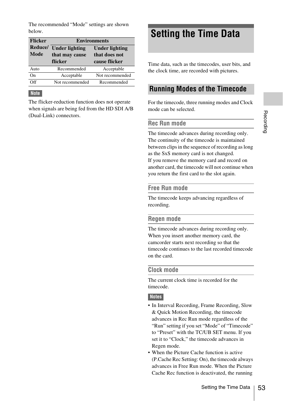 Setting the time data, Running modes of the timecode | Sony PMW-F3K User Manual | Page 53 / 164