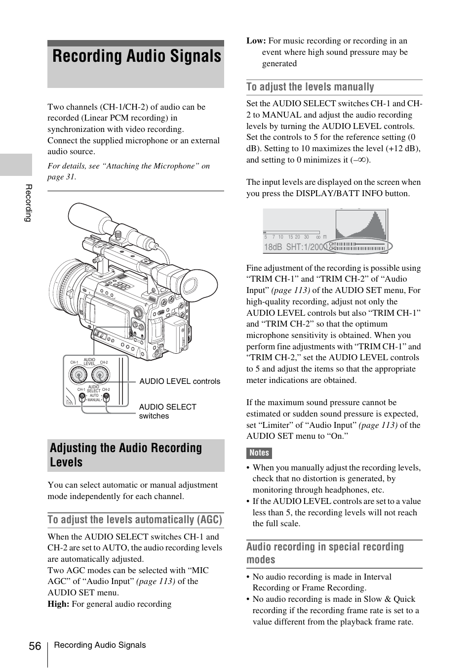 Recording audio signals, Adjusting the audio recording levels, Audio recording in special recording modes | Sony PMW-F3K User Manual | Page 56 / 164