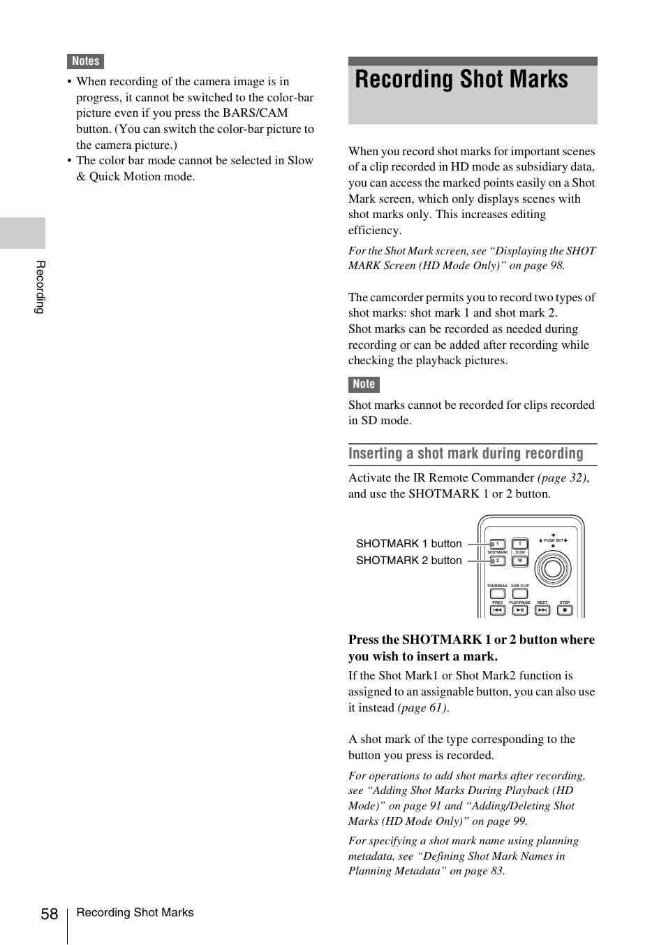 Recording shot marks, Inserting a shot mark during recording | Sony PMW-F3K User Manual | Page 58 / 164