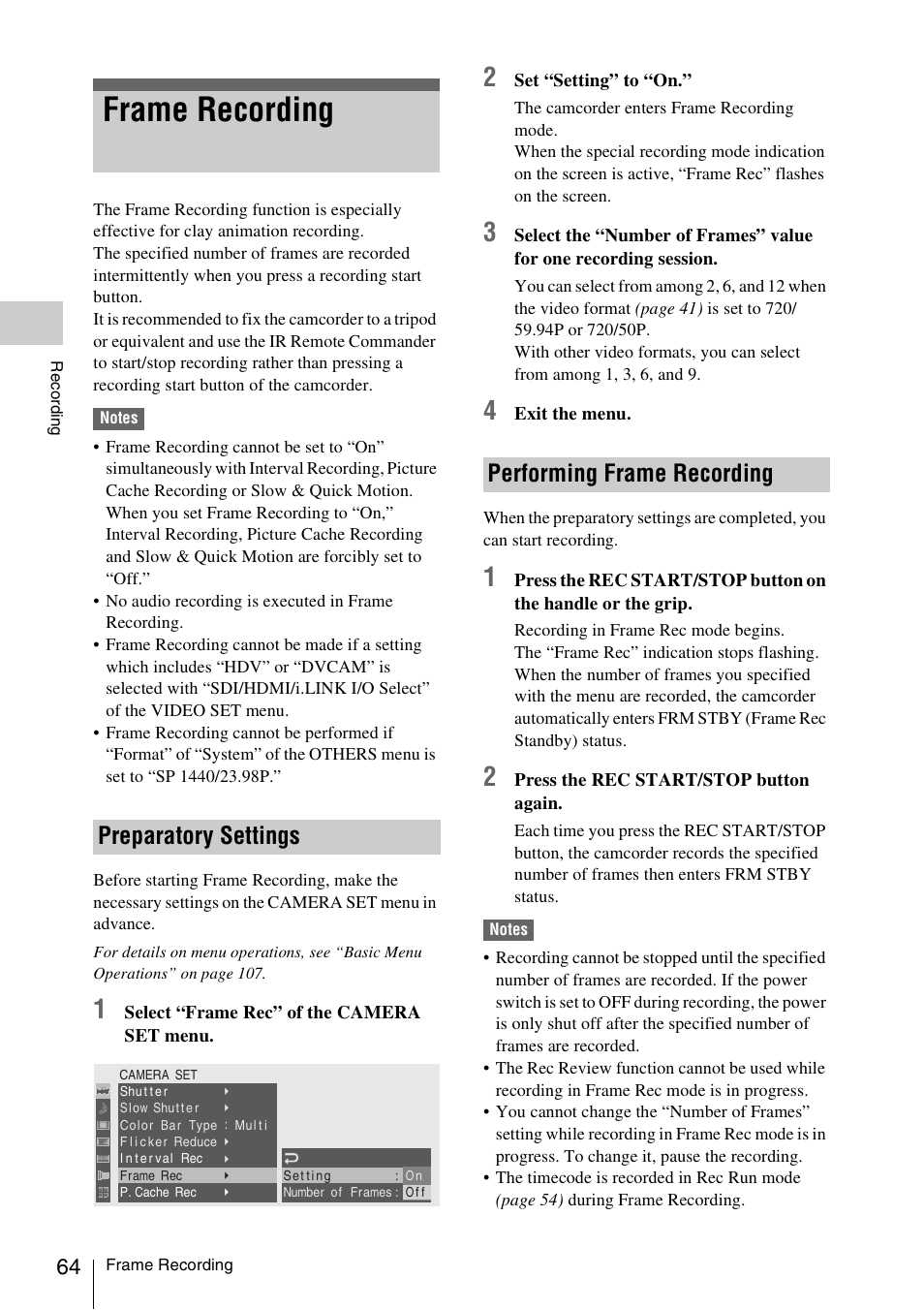 Frame recording, Preparatory settings, Performing frame recording | Preparatory settings performing frame recording | Sony PMW-F3K User Manual | Page 64 / 164