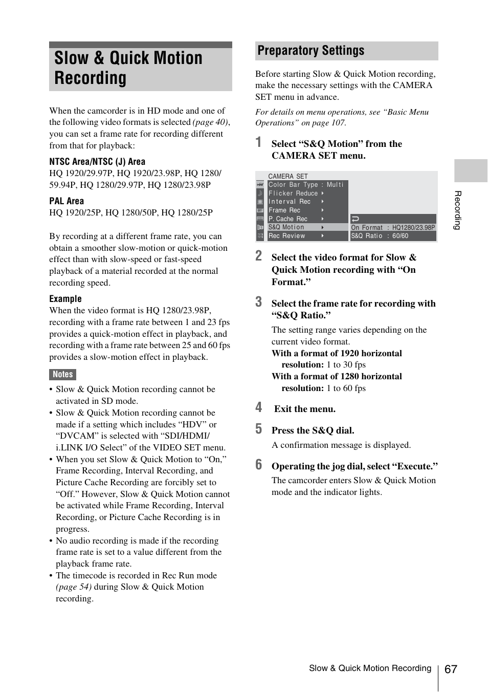 Slow & quick motion recording, Preparatory settings | Sony PMW-F3K User Manual | Page 67 / 164