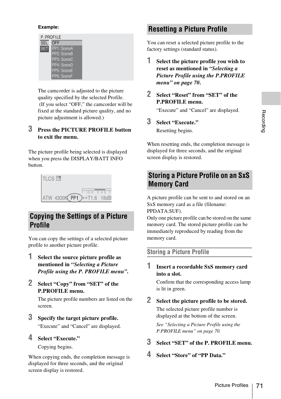 Copying the settings of a picture profile, Resetting a picture profile, Storing a picture profile on an sxs memory card | Sony PMW-F3K User Manual | Page 71 / 164