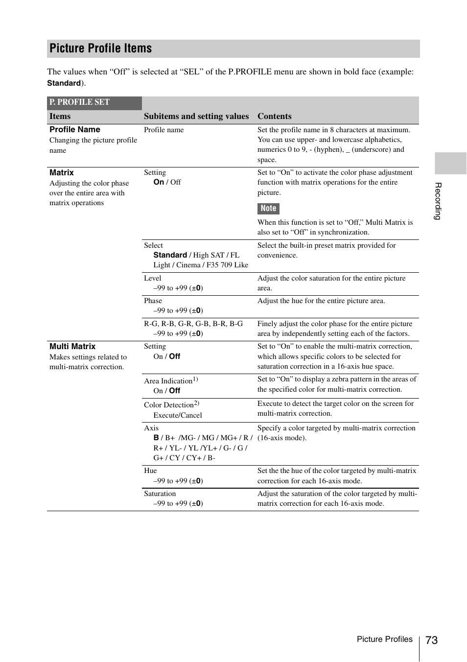 Picture profile items | Sony PMW-F3K User Manual | Page 73 / 164