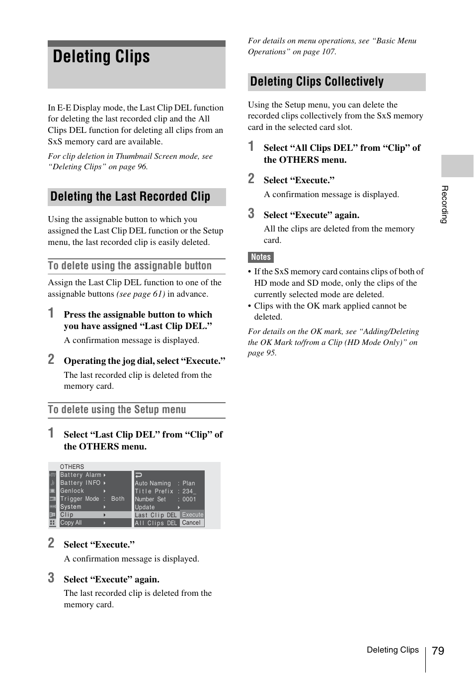 Deleting clips, Deleting the last recorded clip, Deleting clips collectively | Sony PMW-F3K User Manual | Page 79 / 164