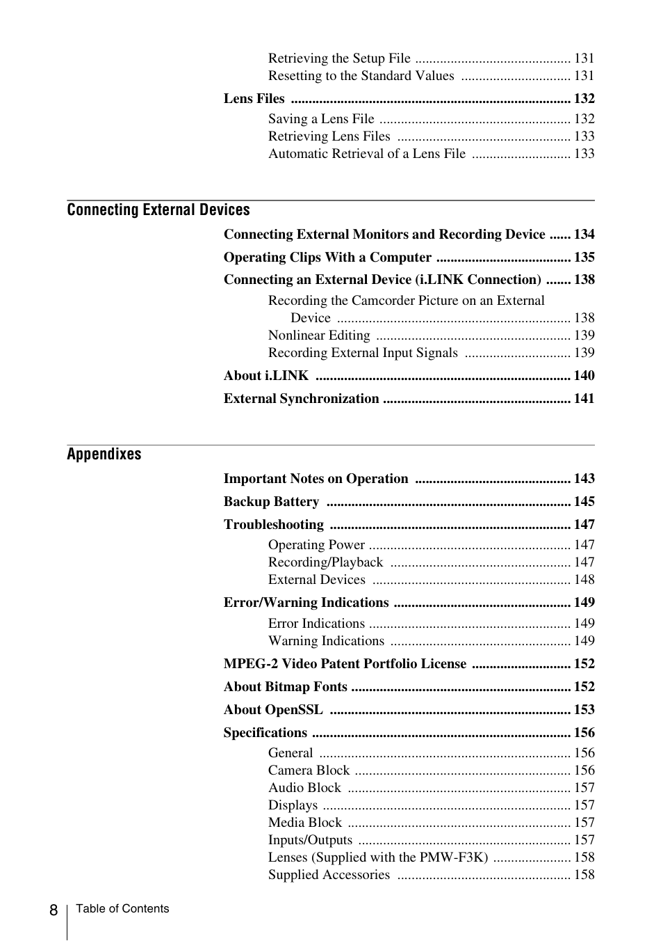 Sony PMW-F3K User Manual | Page 8 / 164