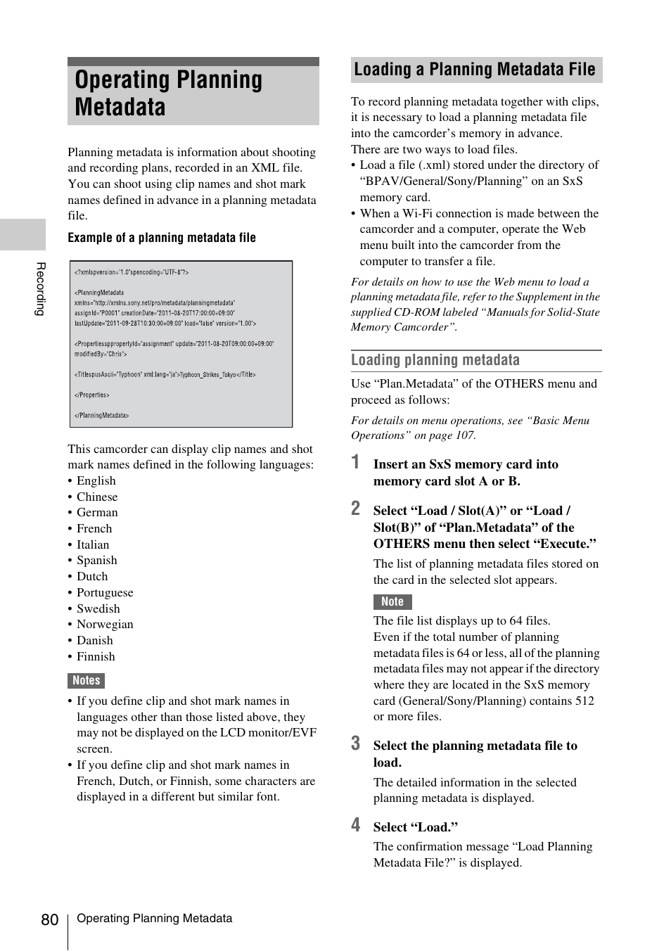 Operating planning metadata, Loading a planning metadata file | Sony PMW-F3K User Manual | Page 80 / 164