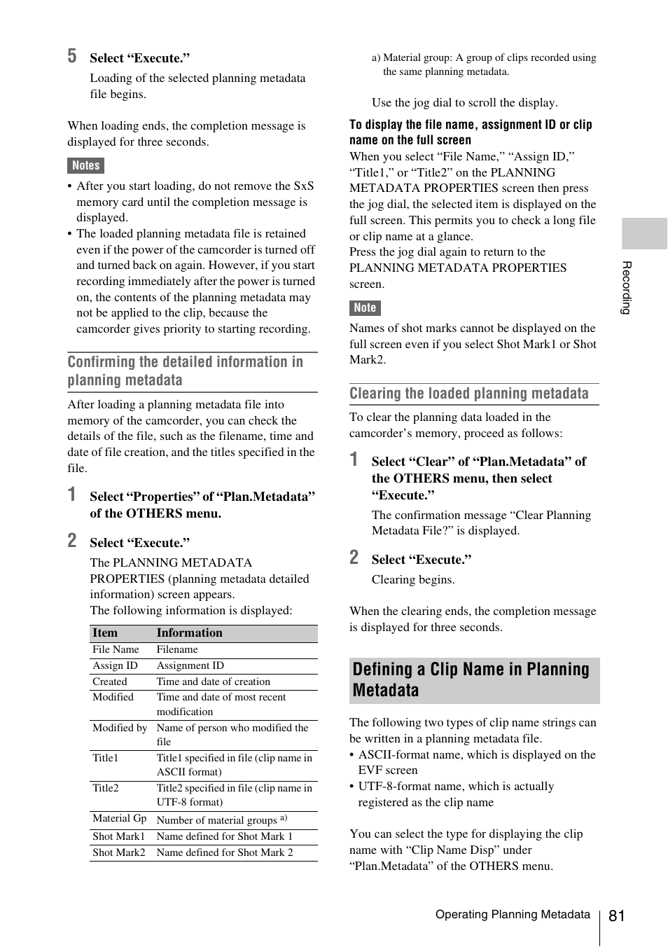 Defining a clip name in planning metadata, Clearing the loaded planning metadata | Sony PMW-F3K User Manual | Page 81 / 164