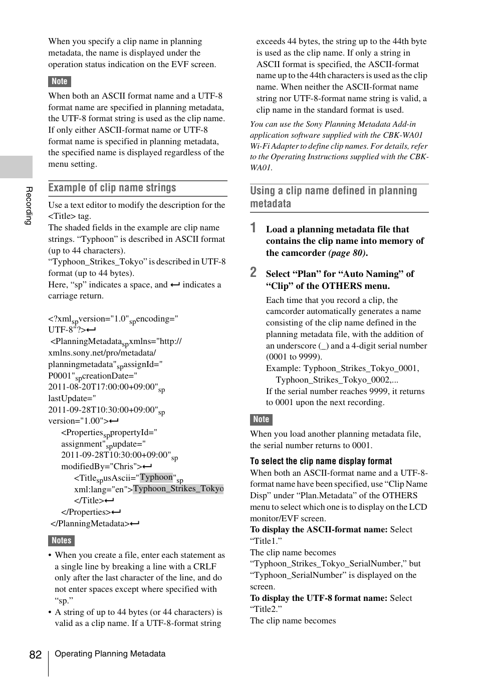 Example of clip name strings, Using a clip name defined in planning metadata | Sony PMW-F3K User Manual | Page 82 / 164