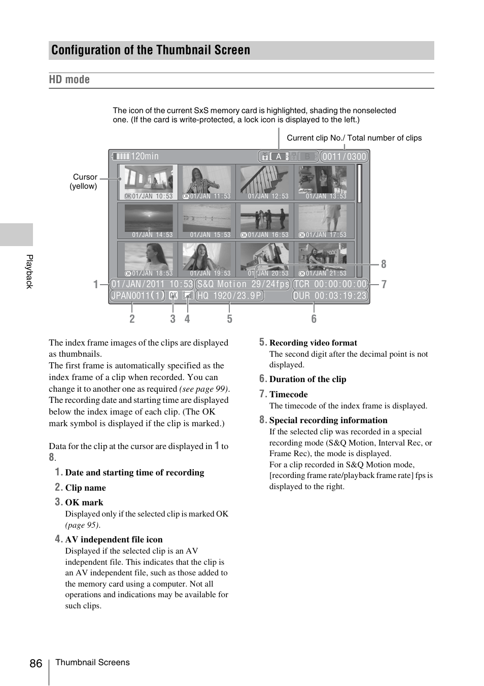 Configuration of the thumbnail screen, Hd mode | Sony PMW-F3K User Manual | Page 86 / 164