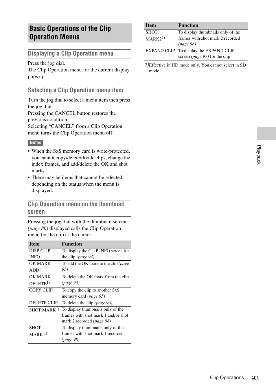 Basic operations of the clip operation menus, Displaying a clip operation menu, Selecting a clip operation menu item | Clip operation menu on the thumbnail screen | Sony PMW-F3K User Manual | Page 93 / 164