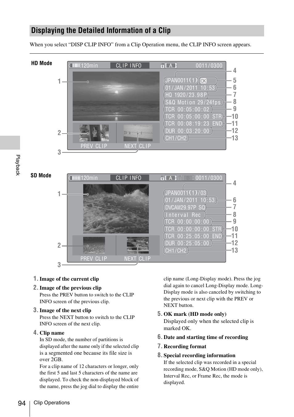 Displaying the detailed information of a clip | Sony PMW-F3K User Manual | Page 94 / 164