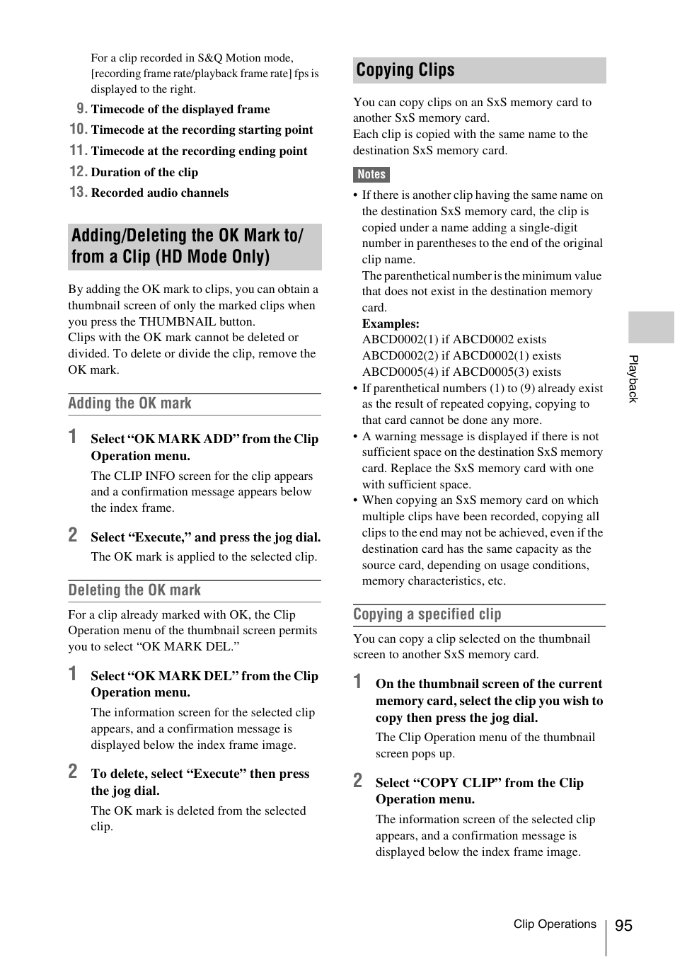 Copying clips, Adding/deleting the ok mark to/from a clip, Hd mode only) | Sony PMW-F3K User Manual | Page 95 / 164